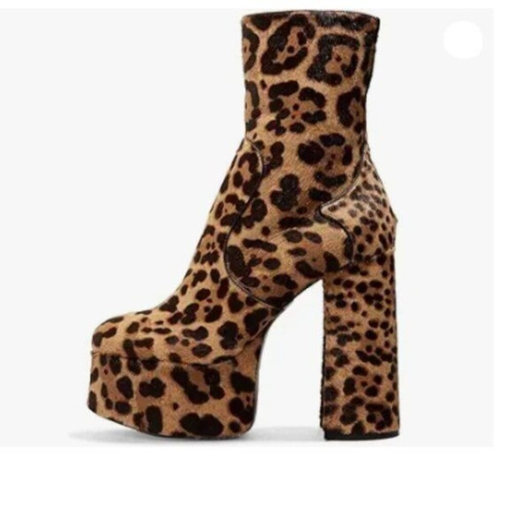 FSJ Leopard Platform Ankle Boots Closed Round Toe Chunky High Heel Pull On Shoes